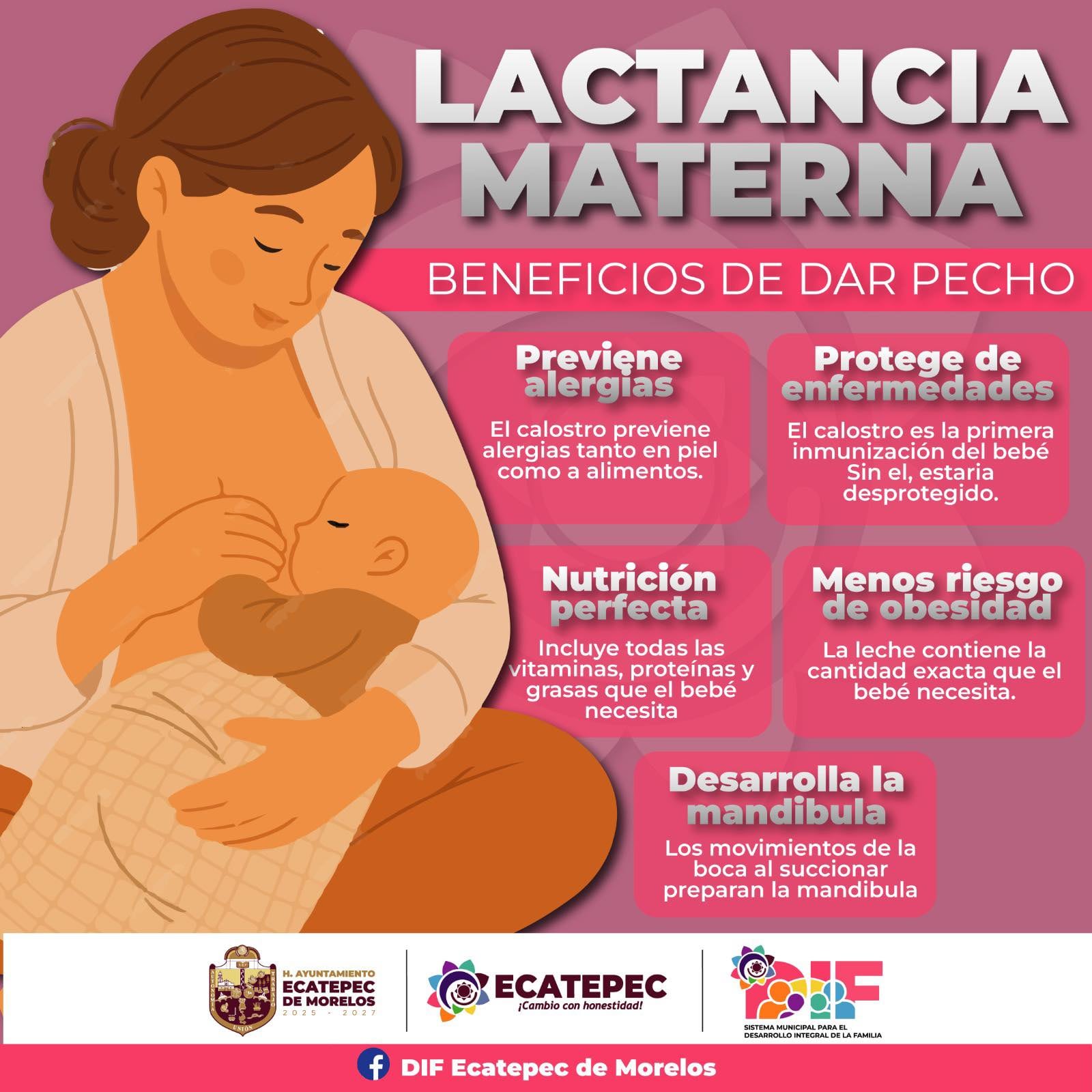 Esta infografía detalla los múltiples beneficios de la lactancia materna, incluyendo la prevención de alergias y enfermedades, así como una nutrición perfecta para el desarrollo infantil. (FB/DIF Ecatepec de Morelos)