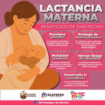 Ilustración de una madre amamantando a su bebé, acompañada de una infografía con texto que lista los beneficios de la lactancia materna para la salud