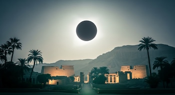 Fotografía de un eclipse solar total centrada sobre un paisaje con templos, palmeras y montañas al fondo en el Antiguo Egipto.