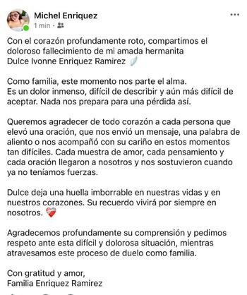 Mensaje de despedida de Michel Enríquez, hermana de Dulce, publicado en redes sociales