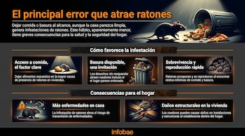 Infografía de Infobae que muestra ratones, comida dispersa, un bote de basura volcado, un bote de basura lleno, una señal de advertencia y cables mordidos.