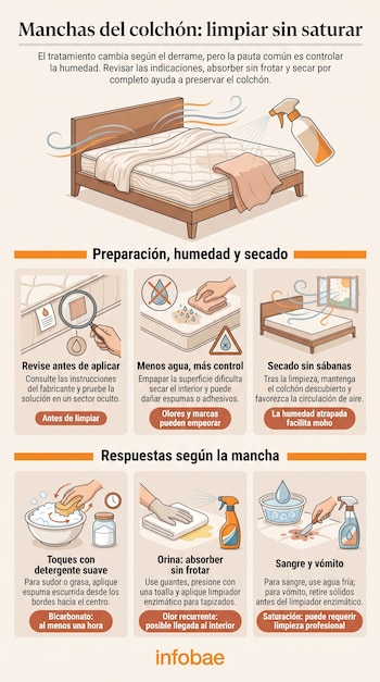 Infografía con ilustraciones sobre el secado, el control de agua y la aplicación de limpiadores sobre la superficie de un colchón.