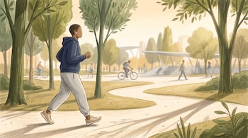 Ilustración de una persona con auriculares inalámbricos, vestida con ropa deportiva, caminando por un sendero de tierra en un parque urbano soleado.
