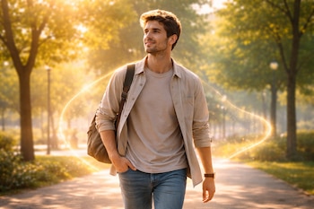 Un hombre joven camina por un sendero arbolado bañado por la luz del sol. Viste camisa beige, camiseta clara y jeans, y lleva una mochila al hombro