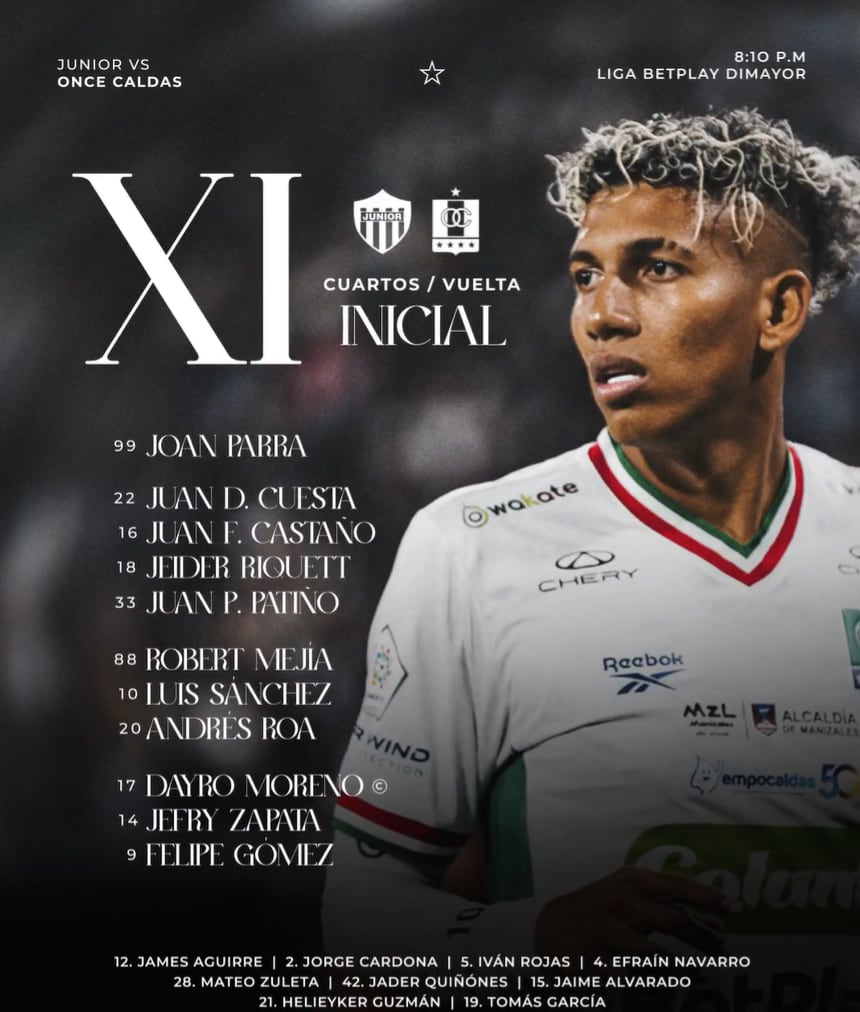 Esta es la alineación de Once Caldas para la vuelta de los playoffs ante el Junior en Barranquilla - crédito Once Caldas
