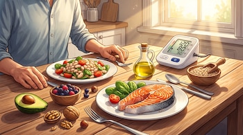 Ilustración de una persona en una mesa con salmón, alubias, aguacate, frutos secos, aceite de oliva, avena, frutos rojos y un tensiómetro digital.