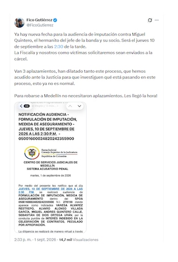 Federico Gutiérrez reaccionó a audiencia de imputación a Miguel Quintero