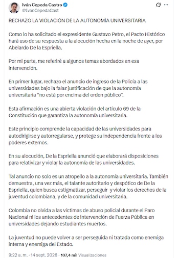 El senador del Pacto Histórico criticó medida de Abelardo de la Espriella - crédito @IvanCepedaCast/X