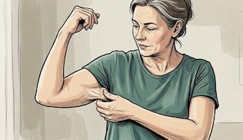 Pintura digital de una mujer madura con cabello gris, camiseta verde, examinando su brazo y pellizcando la piel flácida
