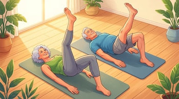 Ilustración de una mujer y un hombre sobre colchonetas con la pelvis levantada y una pierna en alto en una sala con plantas.