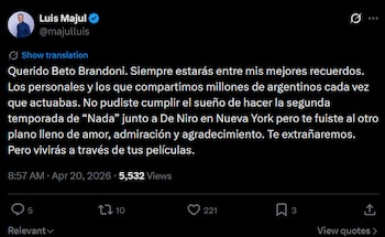 Captura de pantalla de un tuit de Luis Majul en fondo oscuro, despidiendo a Beto Brandoni. Muestra el texto, la foto de perfil y métricas de interacción