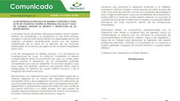 Metrosalud rechazó la agresión contra el médico y expresó su solidaridad con el profesional y el personal de enfermería involucrado en el hecho -crédito @Metrosalud/X