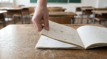 Una mano posa un cuaderno abierto sobre un pupitre de madera, con bocetos en las páginas. El fondo muestra un aula con pupitres vacíos.
