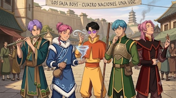 Cinco jóvenes animados posan; uno toca una flauta, otro sostiene una bolsa, otro crea un tornado de aire, otro lleva un bastón y otro un objeto pequeño. Hay un cartel y edificios al fondo