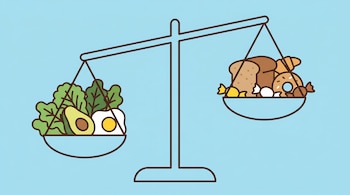 Ilustración de una balanza con un plato cargado de verduras, aguacate y huevo, y el otro con pan, cruasán, donut y caramelos, flotando más alto. Fondo azul claro.