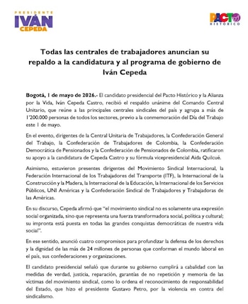Iván Cepeda Castro durante su intervención ante las centrales sindicales, donde agradeció el respaldo de los trabajadores y destacó su papel en la “transformación social, política y cultural” - crédito Iván Cepeda/X