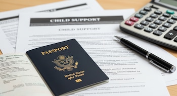 Primer plano de un pasaporte estadounidense abierto y cerrado sobre una pila de documentos de manutención infantil, junto a una calculadora y un bolígrafo sobre una superficie de madera clara.