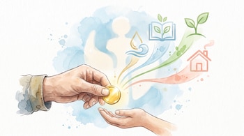 Dos manos dibujadas en acuarela entregan una moneda dorada de la que emergen iconos de agua, un libro, una planta y una casa.