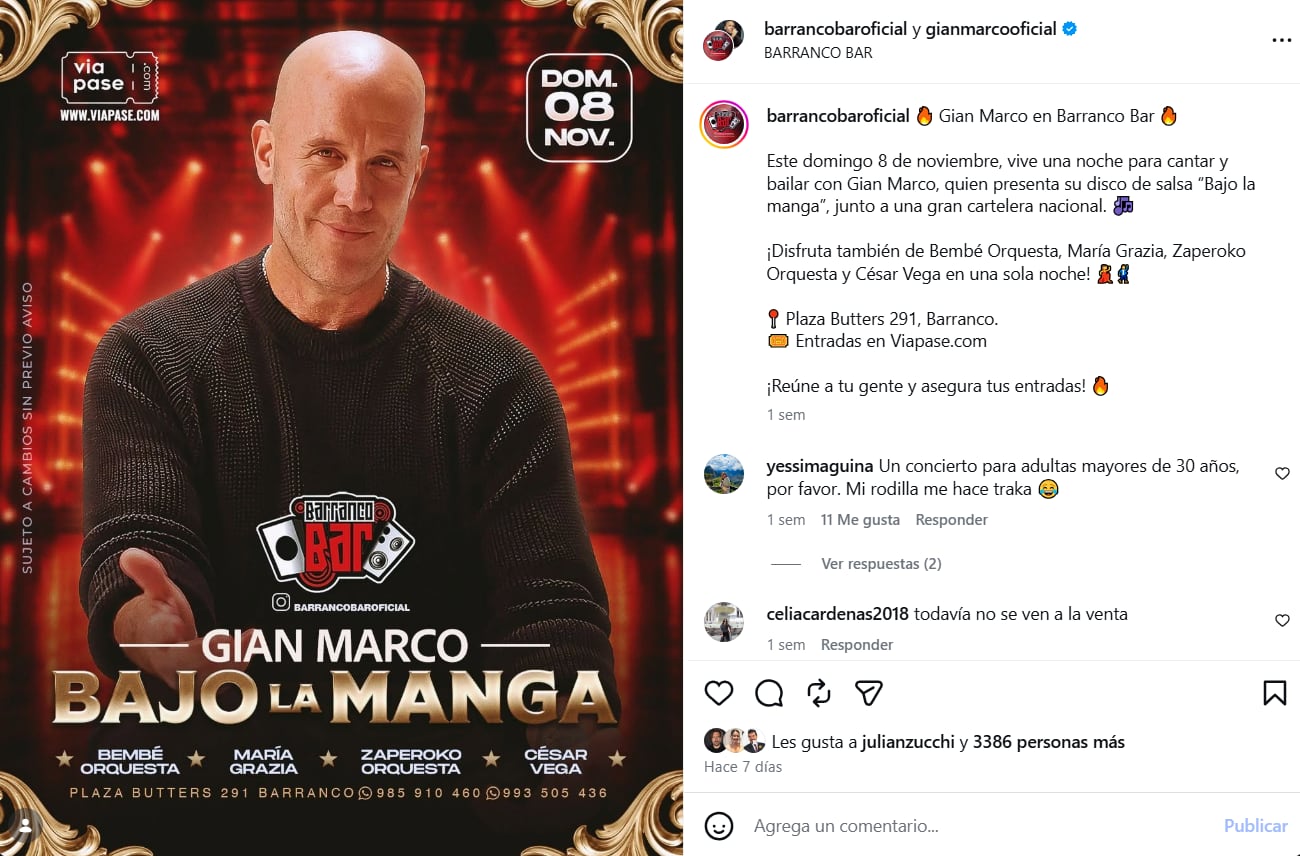 Un afiche promocional anuncia el concierto de Gian Marco en Barranco Bar de Lima el 8 de noviembre para la presentación de su álbum Bajo La Manga.