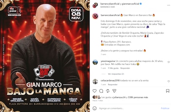 Publicación de red social con el afiche de Gian Marco sobre fondo rojo, datos de un concierto en Barranco Bar y comentarios de usuarios