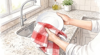 Unas manos sostienen un plato blanco y lo secan con un trapo rojo y blanco junto al grifo de la cocina.