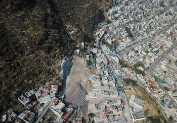 An aerial view shows an area hit by a landslide on September 10, caused by heavy rains and an earthquake that loosened the hillside, at the Cerro del Chiquihuite, in the municipality of Tlalnepantla de Baz, Mexico December 8, 2021. Picture taken December 8, 2021. Picture taken with a drone. REUTERS/Luis Cortes