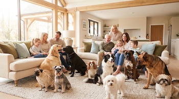 Una familia con diez perros de diversas razas en una sala de estar moderna con grandes ventanales, sofás y alfombra clara.