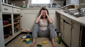 Mujer sentada en el suelo sucio de una cocina desordenada, con la cabeza entre las manos. Hay esponjas y productos de limpieza, además de platos sucios en el fregadero.