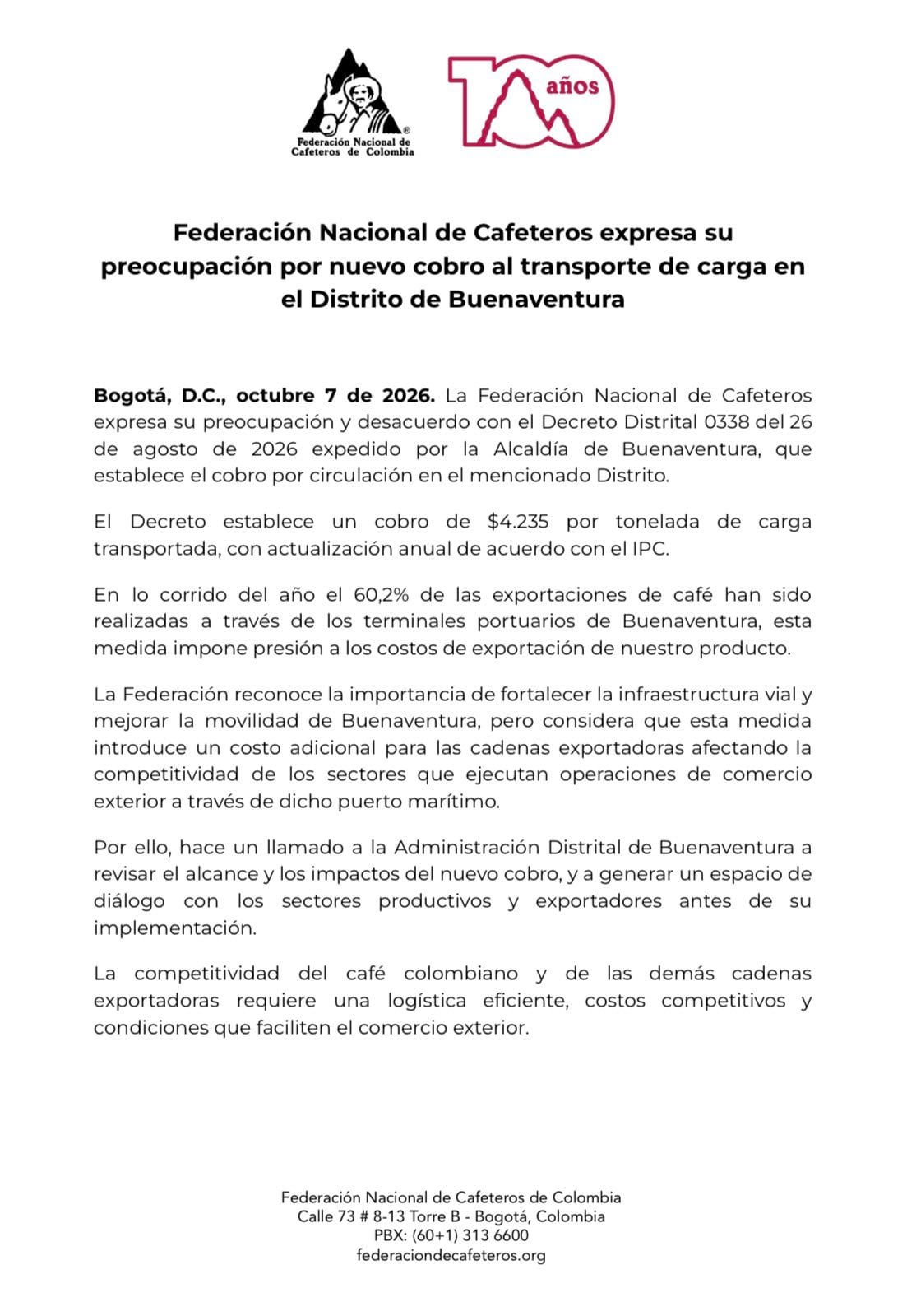 Cafeteros piden diálogo antes de implementar la tarifa - crédito Federación Nacional de Cafeteros de Colombia
