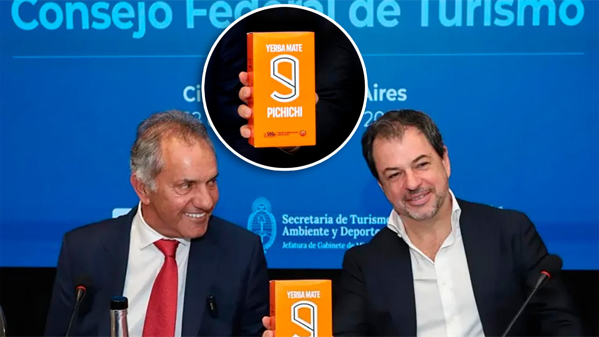 El peculiar paquete de yerba que le regaló Daniel Scioli al presidente del Consejo Federal del Turismo, Valentín Díaz Gilligan (Gentileza Diario Popular)