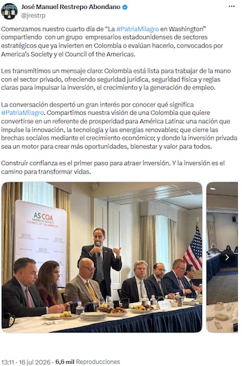 José Manuel Restrepo invitó a empresarios de Estados Unidos a impulsar la “Patria Milagro” en Colombia - crédito @jrestrp/X