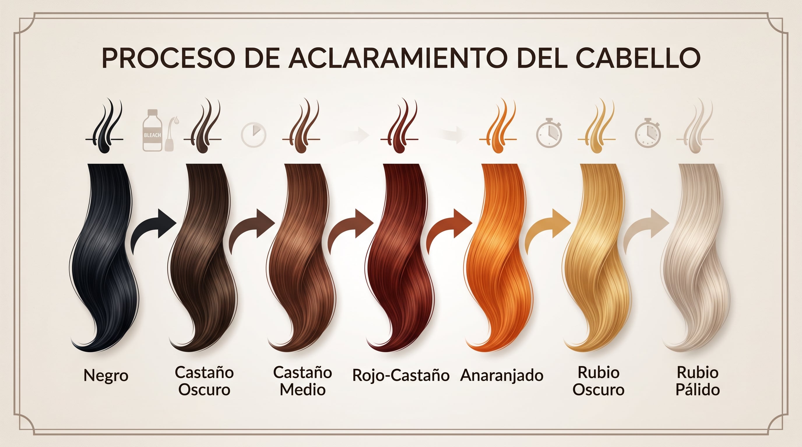 La transición de color en la decoloración capilar desde el tono negro hasta el rubio pálido a través de siete etapas (Imagen Ilustrativa Infobae)