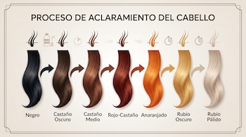 Infografía con siete mechones de cabello que van del negro al rubio pálido, junto con texto descriptivo, flechas e iconos de reloj y decolorante.