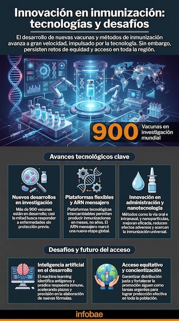 Infografía digital que ilustra avances científicos con representaciones de ADN, un mapa mundial interconectado, equipos de laboratorio, viales y jeringas, y gráficos de datos.