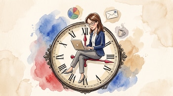 Ilustración de una mujer con anteojos que usa una computadora sobre la aguja de un reloj, junto a un gráfico circular, un sobre y una taza.