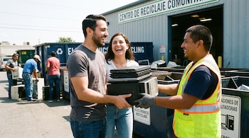 Tres personas interactúan frente a un centro de reciclaje. Una pareja sonriente recibe una pila de computadoras portátiles y de escritorio de un trabajador.