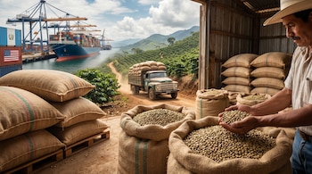 Hombre sostiene granos de café verde en un almacén, con sacos llenos. Al fondo, un camión transporta más sacos en plantaciones y un buque en un puerto.