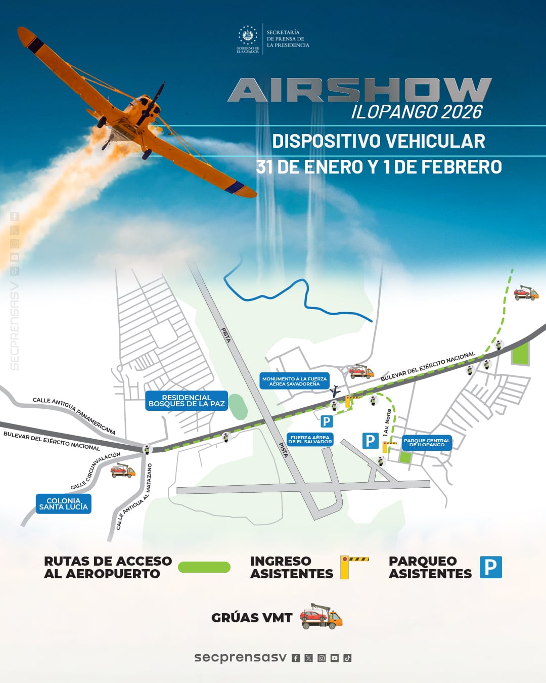 El Airshow Ilopango 2026 contará con un dispositivo vehicular especial los días 31 de enero y 1 de febrero. (foto: @SecPrensaSV)