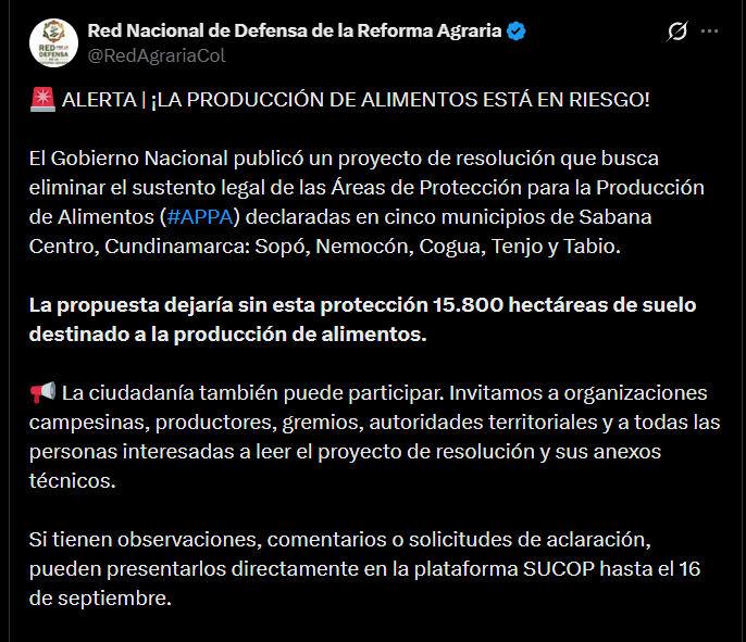 La Red Nacional de Defensa de la Reforma Agraria advirtió que la medida pone en riesgo la producción de alimentos y convocó a presentar observaciones hasta el 16 de septiembre en Sucop - crédito @RedAgrariaCol/X