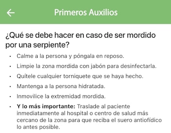 La app ofrece guías sobre cómo actuar ante una mordedura de serpiente. Cortesía: UCR