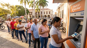 Pessoas esperando para usar um caixa eletrônico laranja do Banco Popular em uma rua de paralelepípedos repleta de palmeiras e prédios históricos.