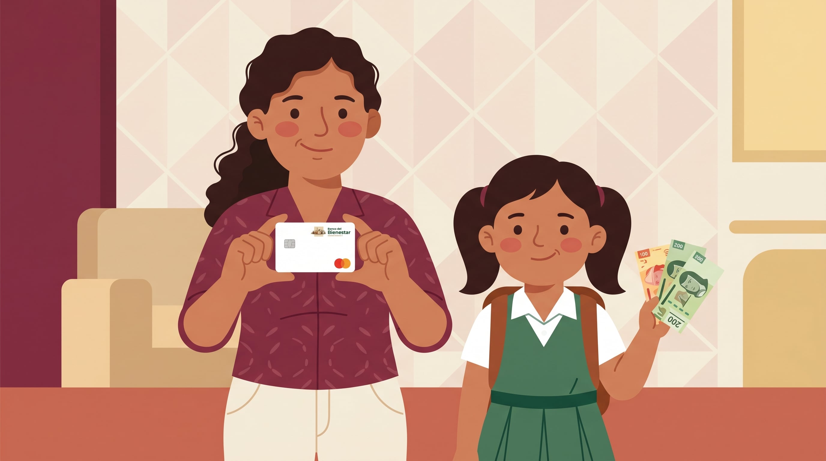 Una madre mexicana sonriente muestra una tarjeta de Banco del Bienestar, mientras su hija feliz exhibe billetes de pesos mexicanos, reflejando el acceso a beneficios económicos. (Imagen Ilustrativa Infobae)