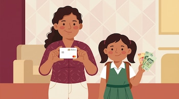 Ilustración vectorial plana de madre e hija mexicanas sonrientes. La madre sostiene una tarjeta de Banco del Bienestar y la hija billetes de pesos mexicanos.