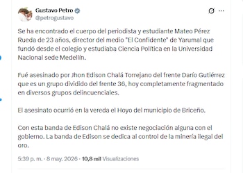 El presidente Gustavo Petro entregó detalles del asesinato del periodista Mateo Pérez - crédito @petrogustavo/X