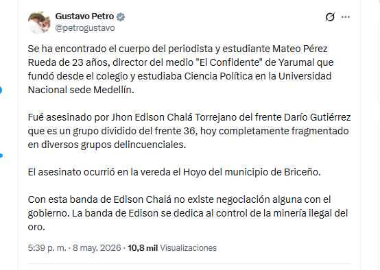 El presidente Gustavo Petro entregó detalles del asesinato del periodista Mateo Pérez - crédito @petrogustavo/X