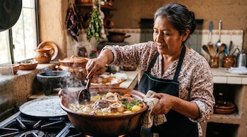 Una mujer con delantal revuelve una cazuela de barro con caldo, huesos y verduras sobre una estufa con una cuchara de madera.