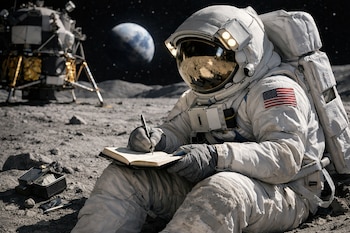 Astronauta con traje espacial, casco con reflejo, parche de bandera de Estados Unidos, escribe en un cuaderno, sentado en la superficie lunar. Módulo lunar y Tierra de fondo.