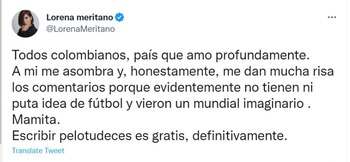 Lorena Meritano arremete contra los colombianos por comentarios a la selecicón Argentina. Foto: Twitter @LorenaMeritano