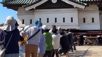 Esfuerzo colectivo en Japón: 1.800 personas movieron un castillo de 360 toneladas con cuerdas