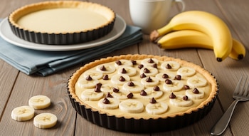 Primer plano de tarta de banana y chocolate decorada con rodajas de banana y chispas de chocolate sobre mesa de madera, con otra tarta, bananas y taza al fondo.